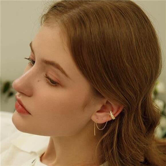 Gold Rhinestone Fringe Clip Earrings | Long Crystal Dangle Hoops - Picture 4 of 7